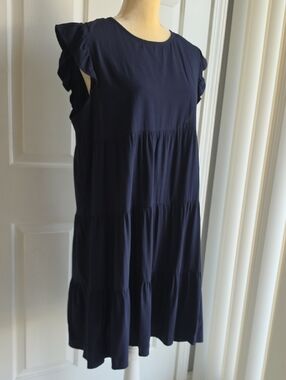 Navy Babydoll Tiered Midi Dress with Flutter Sleeves